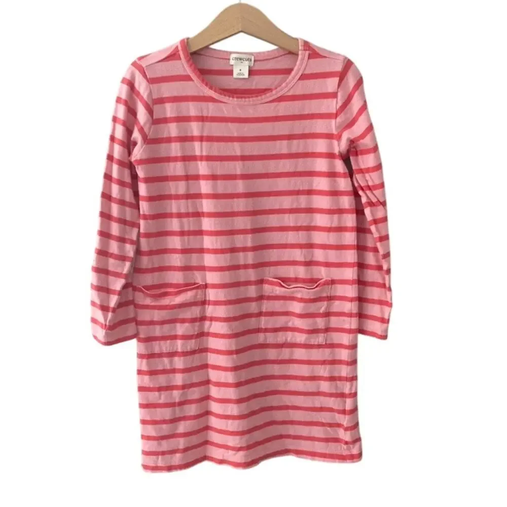 Crewcuts Long Sleeve Striped T-Shirt Dress - Pockets - Pink - 6
